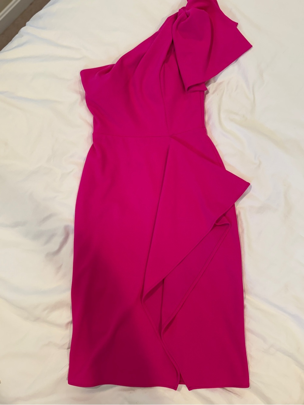 Betsy & Adam One-Shoulder Ruffle Midi Dress in Fuchsia